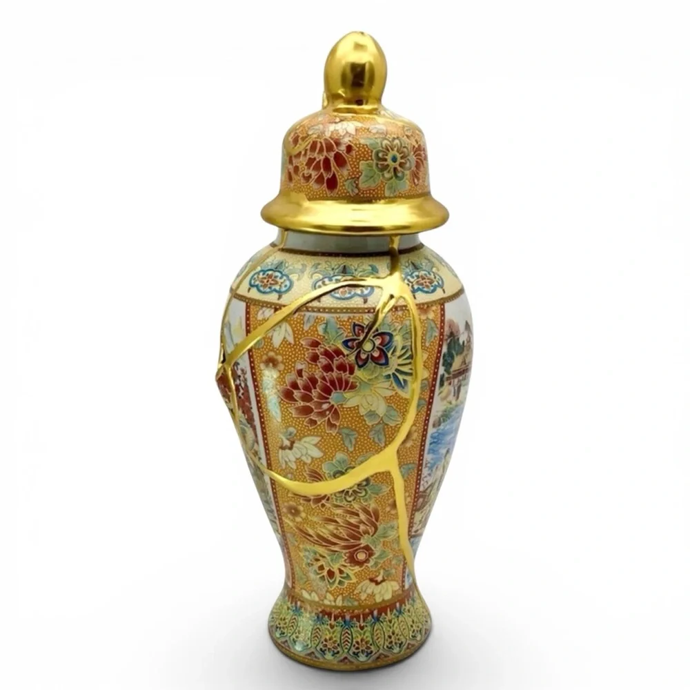 Kintsugi Vase 11” Temple Jar Satsuma-Style Gold Crack Art Personal Growth Gift
